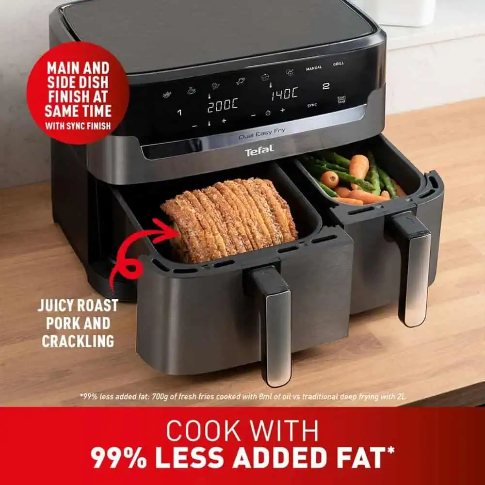 پخت غذا با ۹۹٪ چربی کمتر در سرخکن دوقلو تفال EY942 – پخت همزمان غذای اصلی و مخلفات