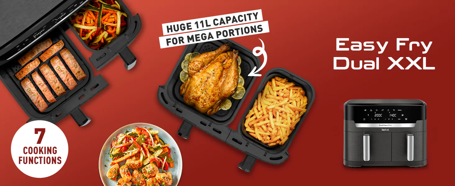 سرخکن دوقلو تفال Tefal EY942 با ظرفیت ۱۱ لیتر، پخت همزمان مرغ و سیبزمینی در دو کشوی مجزا