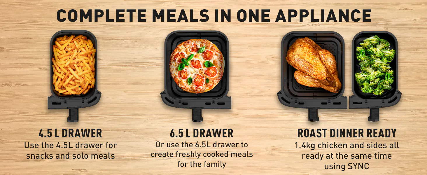 دو کشوی مجزای سرخکن تفال EY942 برای پخت کامل غذا در یک دستگاه – کشوی ۴٫۵ لیتری و ۶٫۵ لیتری