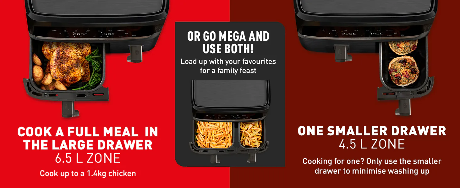 نمایش سه حالت پخت در سرخکن Tefal EY942 – کشوی بزرگ برای مرغ کامل، کشوی کوچک برای وعدههای سبک