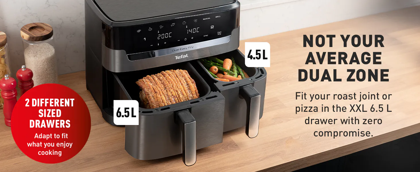 سرخکن تفال EY942 با دو کشو در اندازههای متفاوت ۶٫۵ و ۴٫۵ لیتر برای پخت انواع غذا