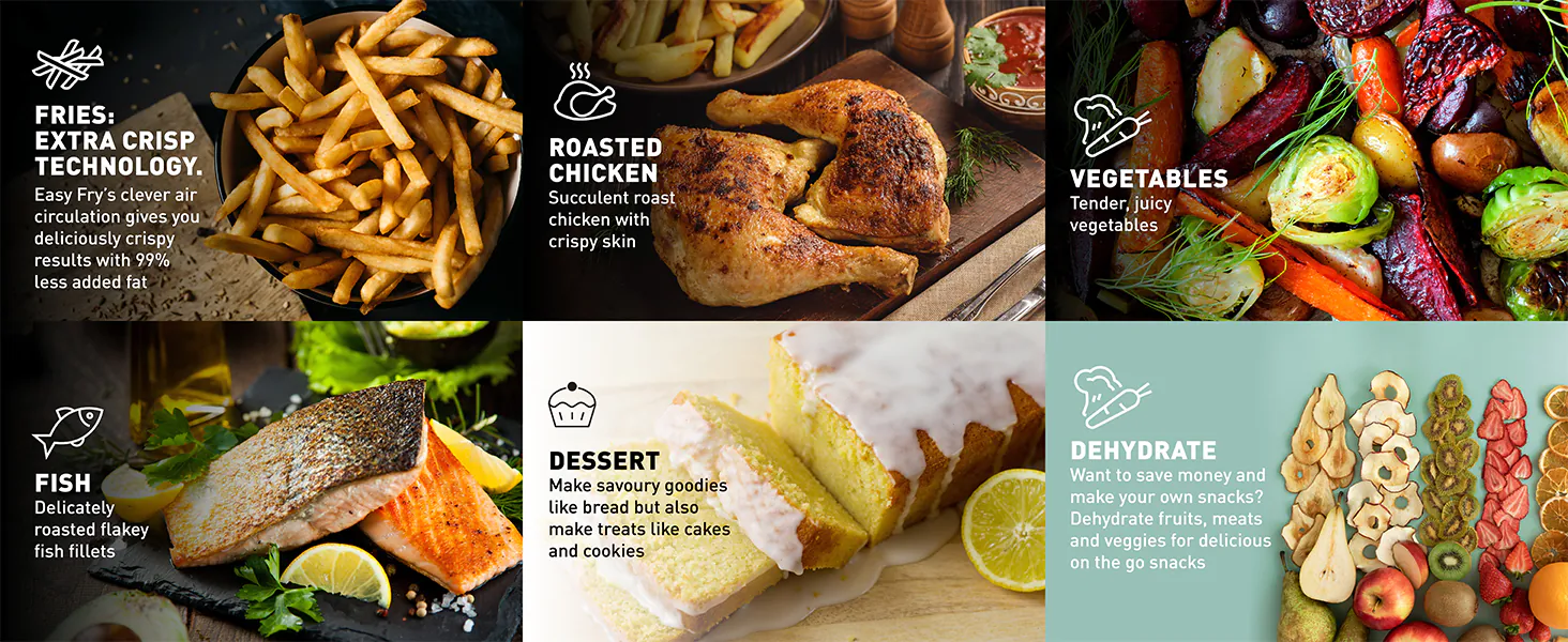 حالتهای مختلف پخت در سرخکن Tefal EY942 شامل سیبزمینی، مرغ، سبزیجات، ماهی، دسر و خشککردن