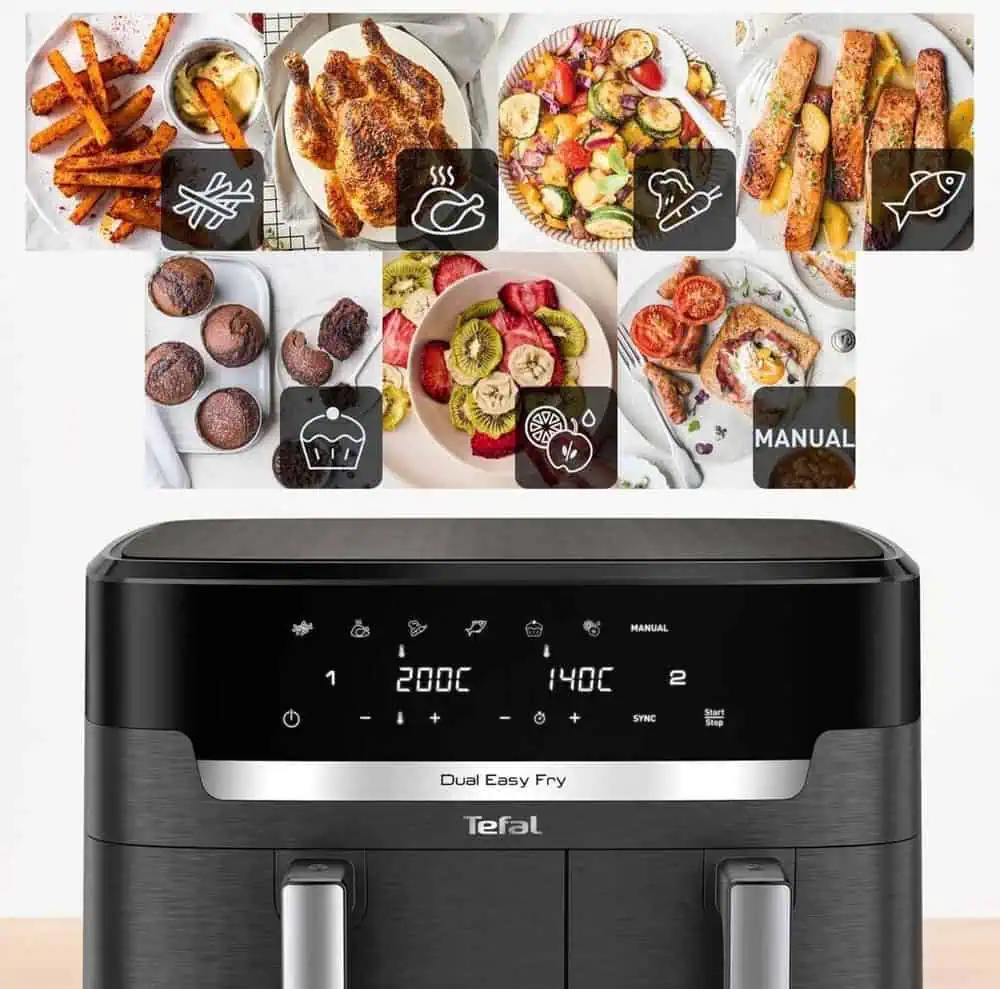 منوی دیجیتال سرخکن تفال EY942 با نمایش ۷ برنامه پخت خودکار برای انواع غذاها شامل مرغ، ماهی، سبزیجات و دسر