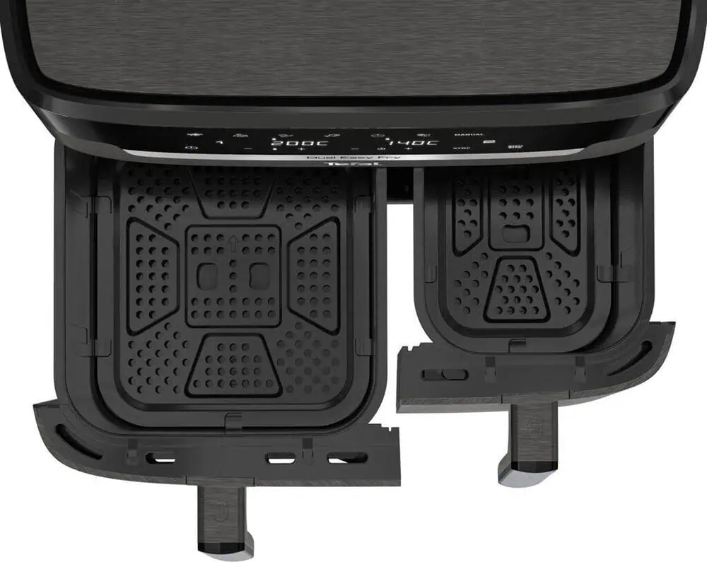 نمای بالایی سرخکن دوقلو Tefal EY942 با دو کشوی جدا و سینیهای نچسب قابل جدا شدن