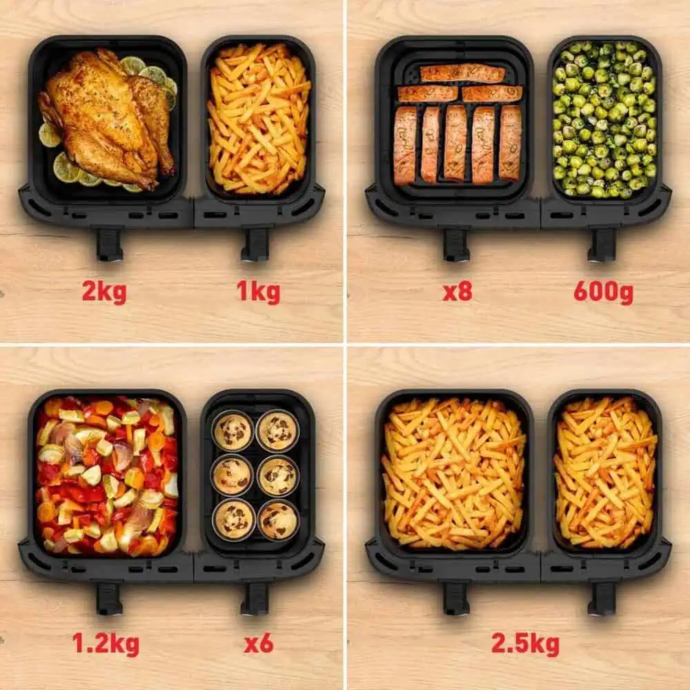 ظرفیت پخت سرخکن EY942 شامل مرغ ۲ کیلوگرمی، سیبزمینی ۱ کیلوگرمی، ماهی، مافین و سبزیجات – نمایش تنوع حجم در هر کشو