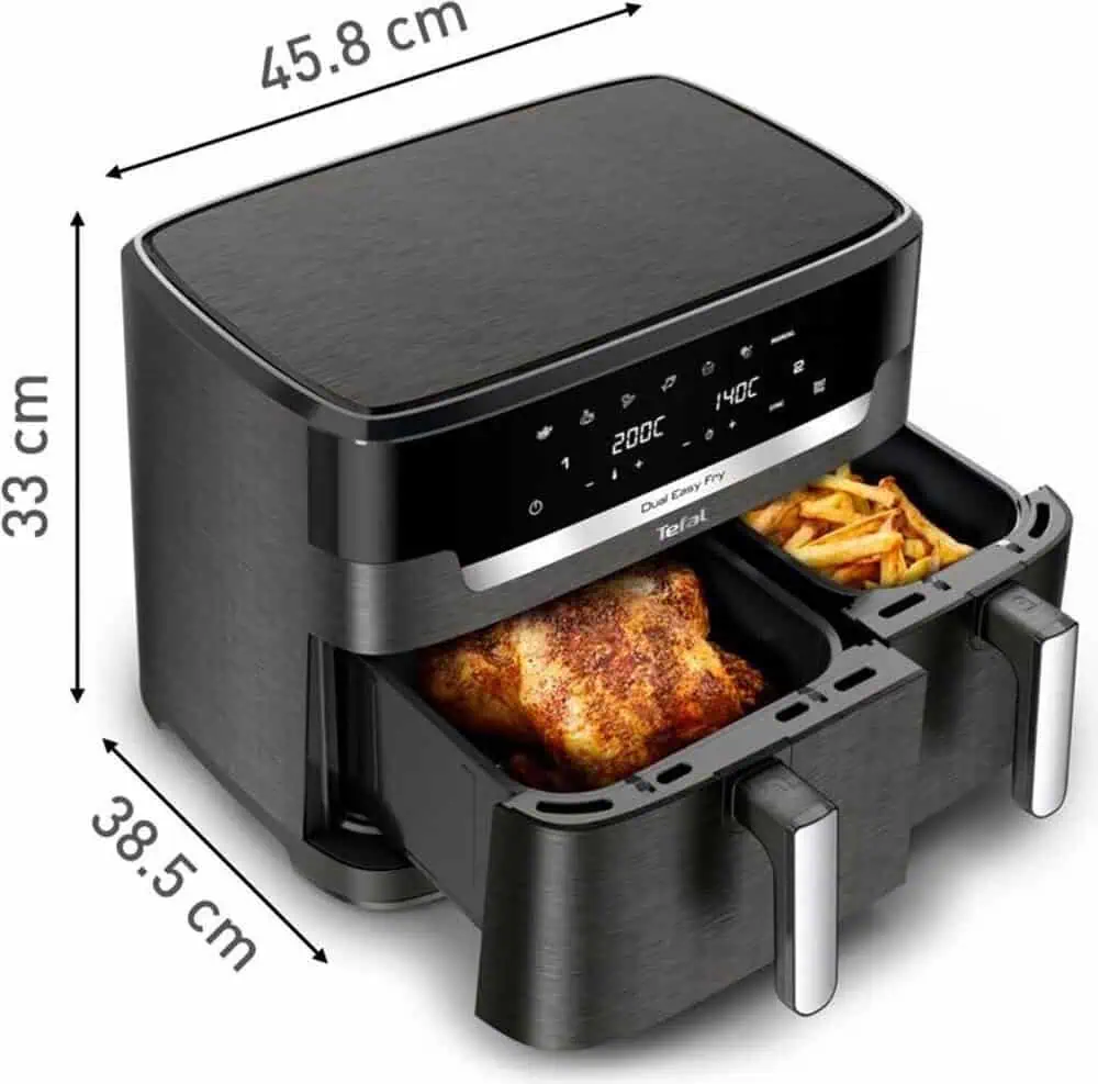 ابعاد سرخکن تفال مدل EY942 شامل ارتفاع ۳۳ سانتیمتر، عرض ۳۸٫۵ سانتیمتر و طول ۴۵٫۸ سانتیمتر