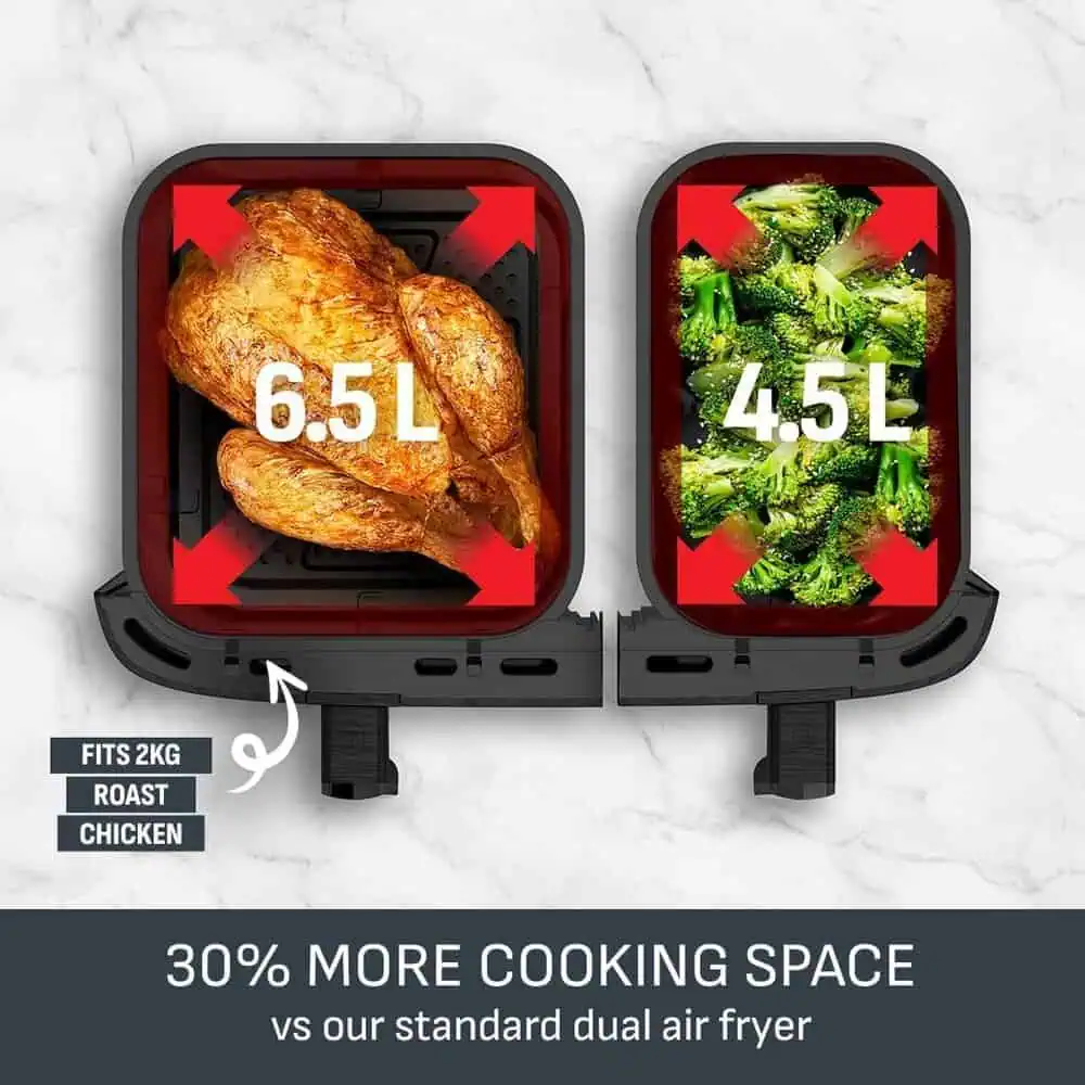 ظرفیت کشوهای سرخکن دوقلو تفال EY942 – ۶٫۵ لیتر برای مرغ کامل و ۴٫۵ لیتر برای سبزیجات