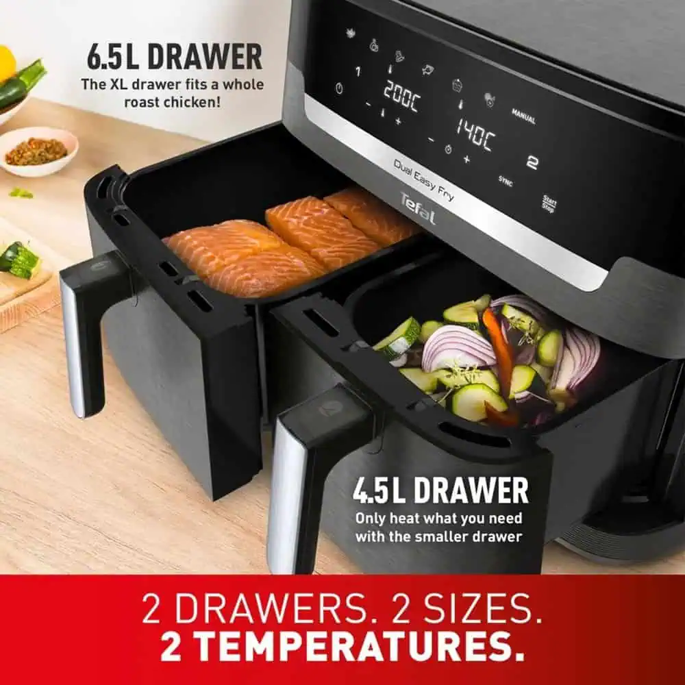 دو کشوی سرخکن EY942 تفال با دو اندازه و دمای مجزا برای پخت سالم و سریع