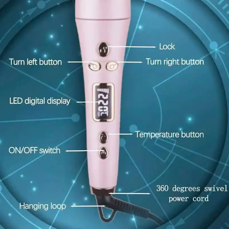 جزئیات کلیدها و امکانات فرکننده مو والریا VA1004 شامل دکمه چرخش، نمایشگر، دکمه تنظیم دما و کابل چرخان