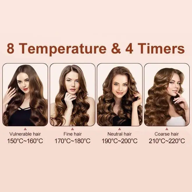 محدوده دمای مناسب برای انواع موها در فرکننده مو Valeria VA1004، از 150 تا 220 درجه سانتی‌گراد